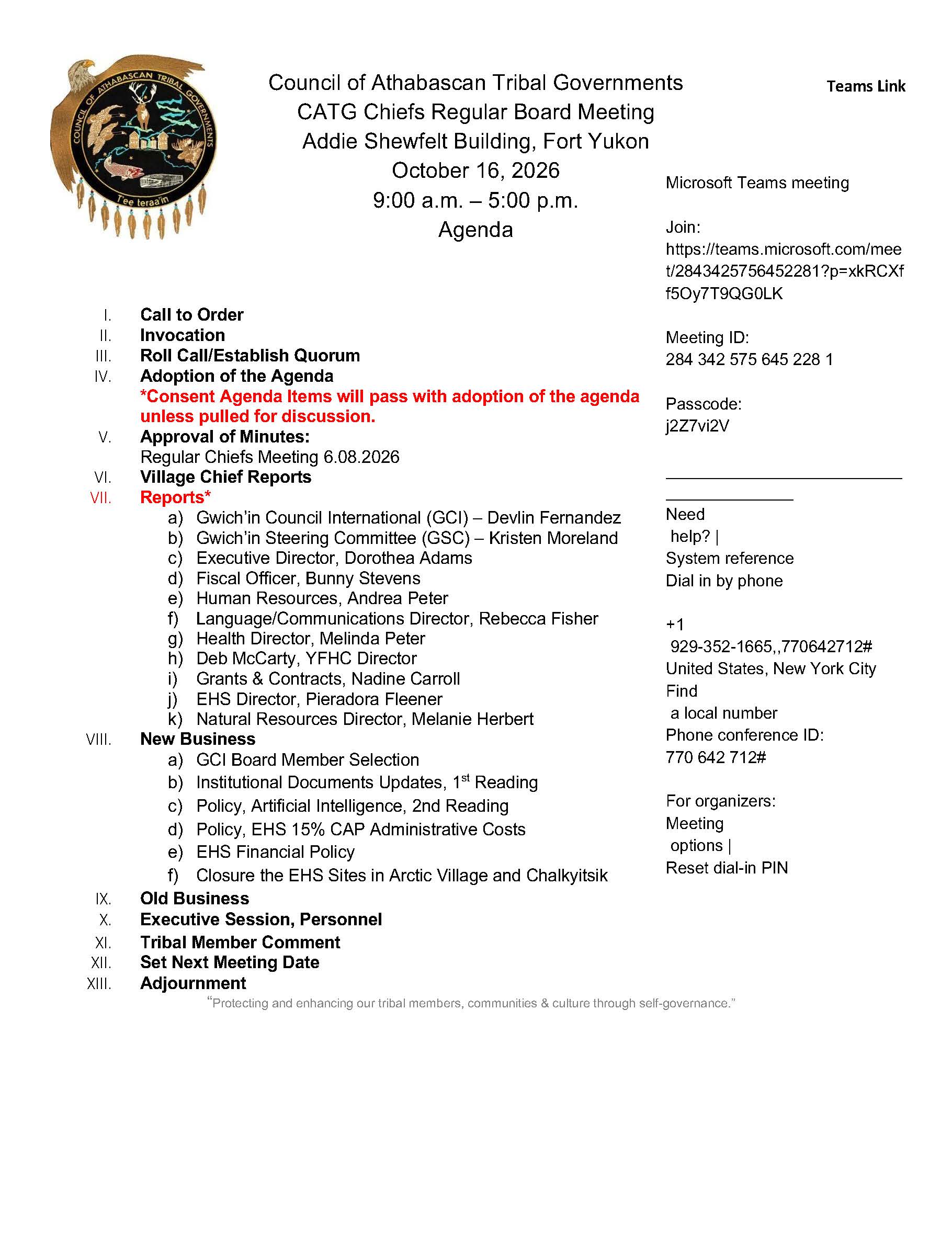 CATG Chiefs Regular Board Meeting • October 16, 2026 • Gwichyaa Zhee (Fort Yukon)