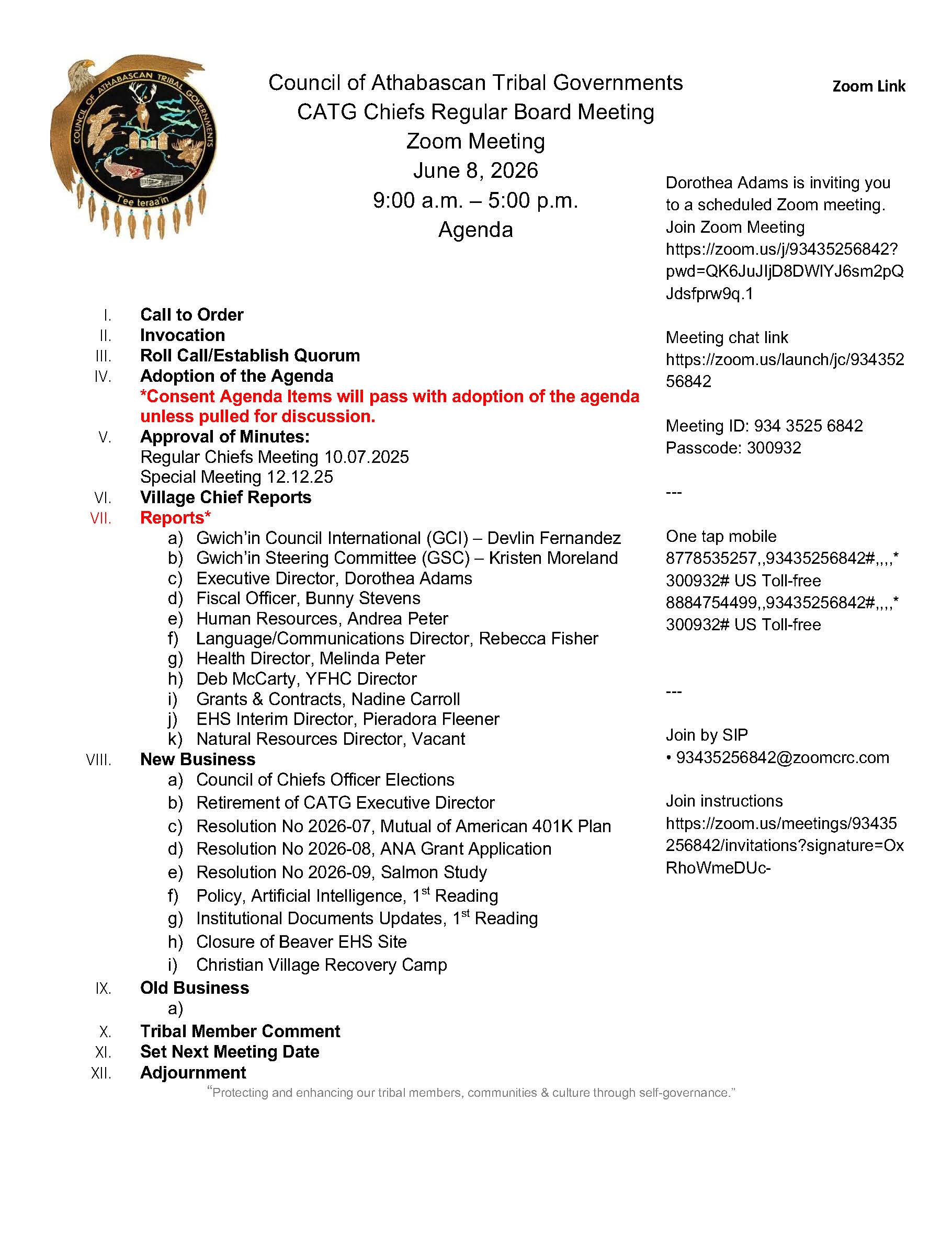 CATG Chiefs Regular Board Meeting • June 8, 2026