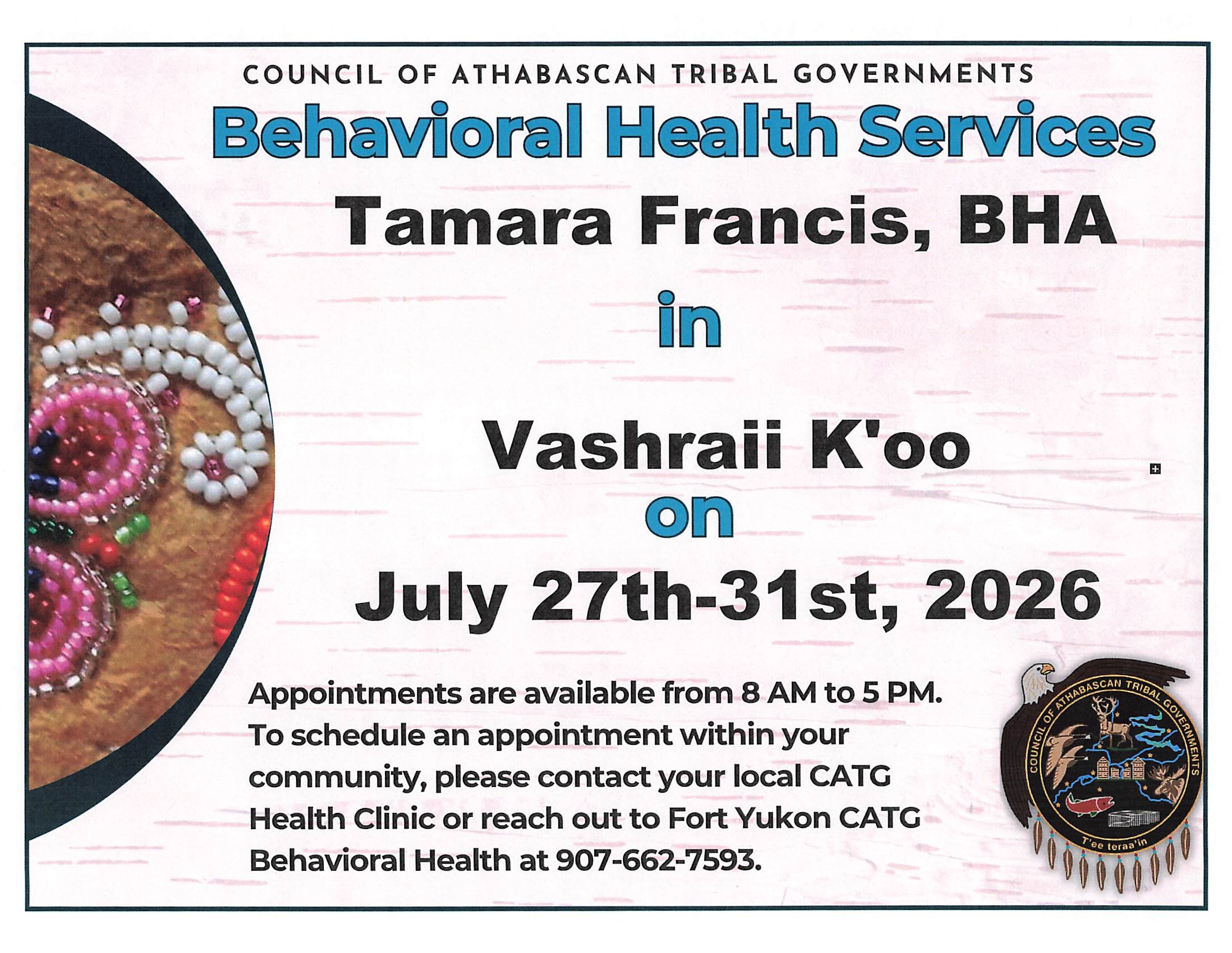 Tamara Francis, BHA, will be in Vashrąįį K'ǫǫ (Arctic Village)on July 27th to the 31st ,2026.